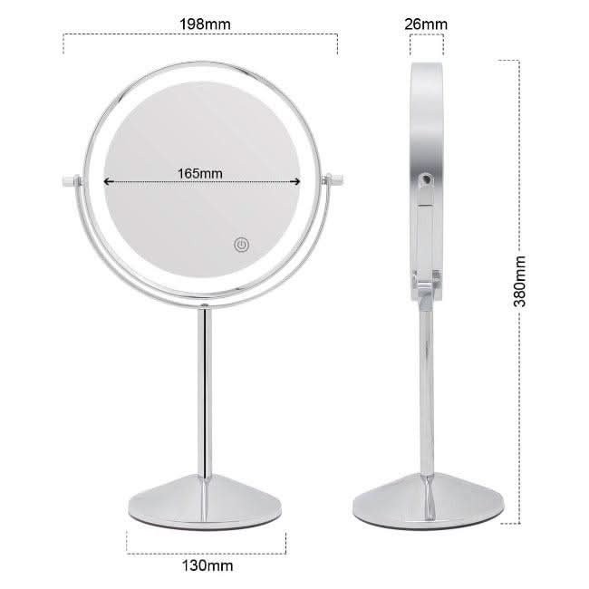 Illuminated Round Cosmetic Mirror Rechargeable (20cm diameter): front shows 20cm diameter and 19.8cm width; side shows 2.6cm thickness, 38cm height with adjustable stand, and a 13cm wide base.
