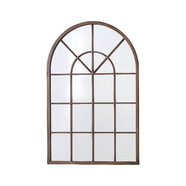 Kelly Bronze Arched Wall Mirror with antique bronze finish and window style detail, perfect for living space decor.