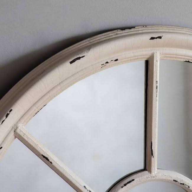 Close-up of Large Frame Fulshaw Mirror with arched window design and light crackle texture in neutral tones.