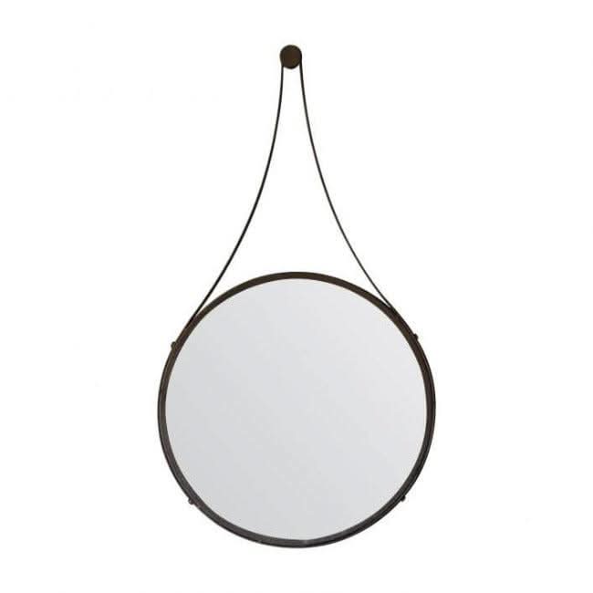 Large Broadway Round Strap Mirror with metal surround and hanging strap, adding rustic flair, 510mm x 915mm dimensions, for spacious decor.