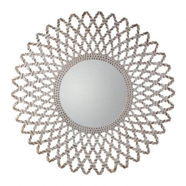 Latticework round mirror with bold intricate design, 1220mm width and height, ideal decorative accent for wall displays.
