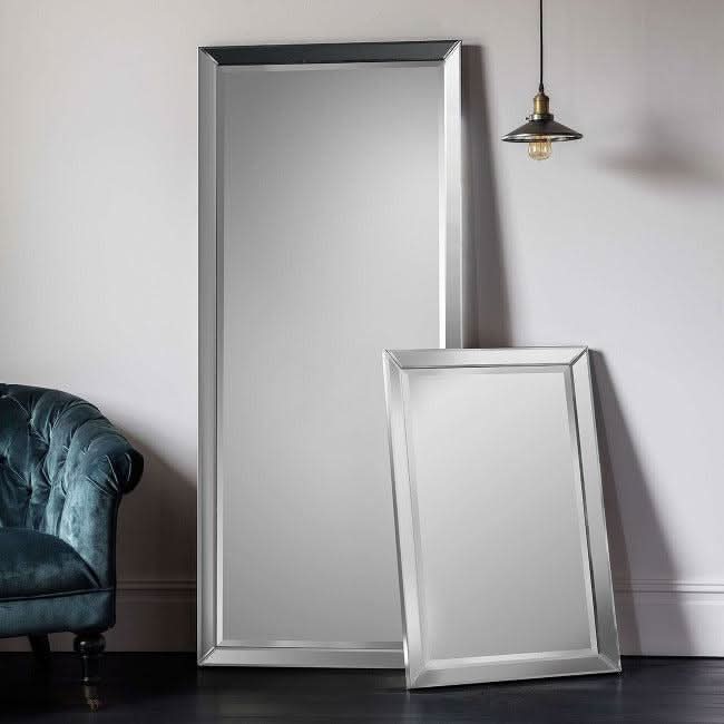Limelight Leaner full length mirror with sleek silver frame, enhancing modern decor; measures 178cm x 78cm, ideal for bedroom or bathroom.
