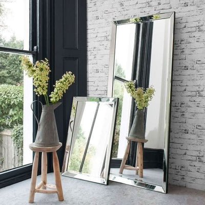 Limelight Leaner Full Length Mirror 178cm x 78cm with sleek silver frame in stylish room setting, featuring contemporary decor.