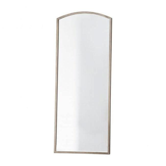 Moira Antique Silver Arch Mirror, 150x60cm, minimalist design with thin metal frame, full-length portrait hanging, bevelled glass.