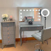 grey dressing table, ring light and mirror