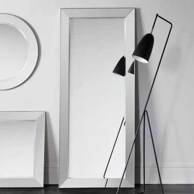 Large Rectangle Bertoni Mirror with elegant silver frame, mounted in a stylish room setting. Perfect for bathroom, bedroom, or hallway.