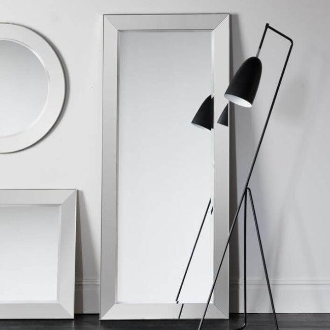 Large Rectangle Bertoni Mirror with sleek silver frame, suitable for bathroom, bedroom, or hallway, 810x35x1905 mm.