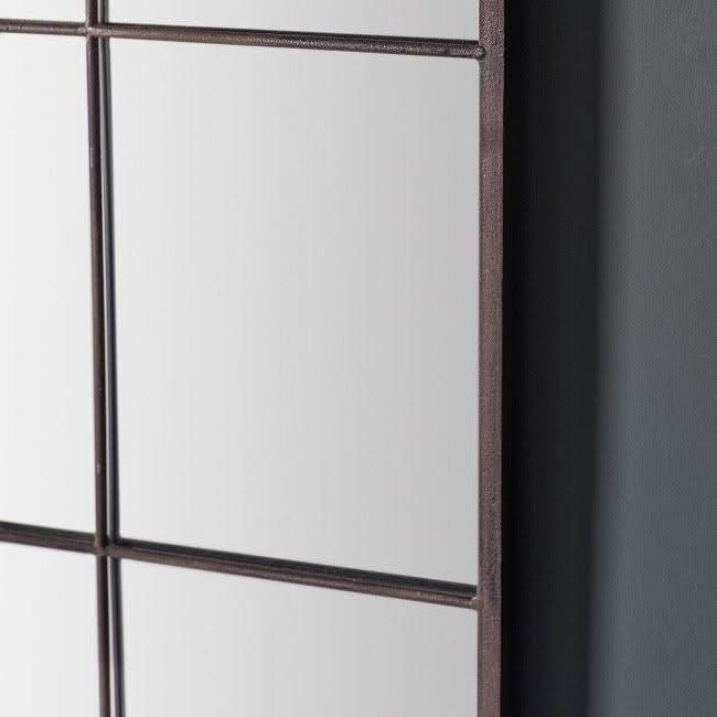 Close-up of Rita Rustic Metal Mirror with black metal frame and plain glass, perfect for living room, bedroom, or hallway decor.