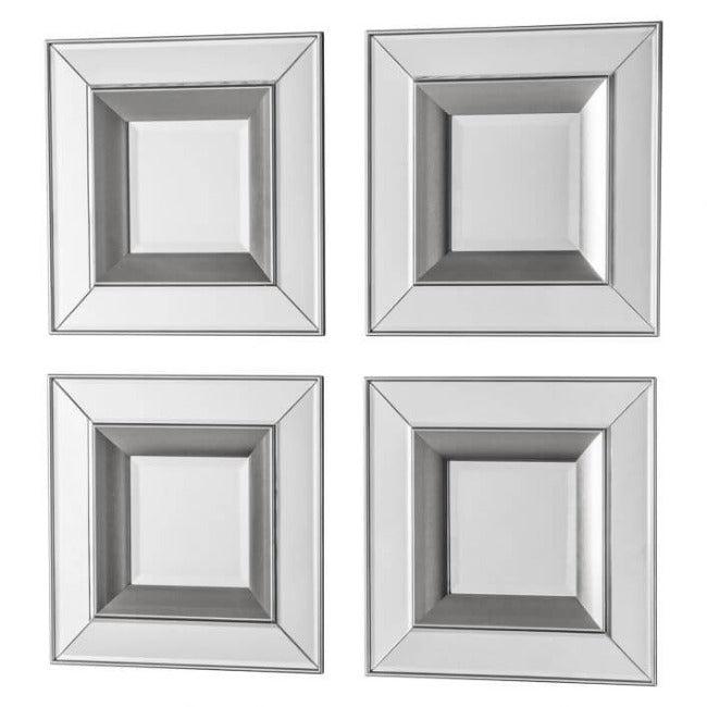 Set of 4 silver small square mirrors with bevelled edges and double frame effect, ideal for enhancing room space and light reflection.
