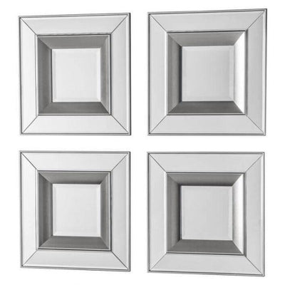 Set of 4 silver small square mirrors with bevelled edges and double frame effect, ideal for enhancing room space and light reflection.