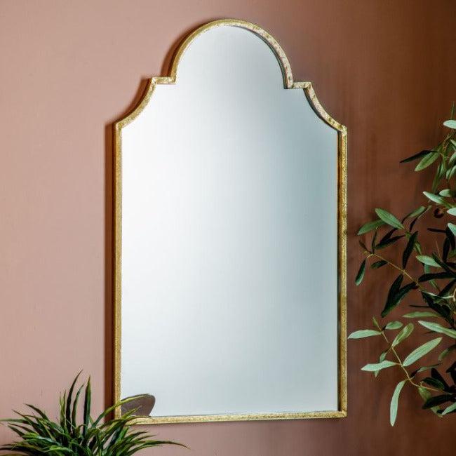 Verona Gold Elegant Arch Mirror with brushed gold finish, European design, decoratively styled above console or in a hallway.
