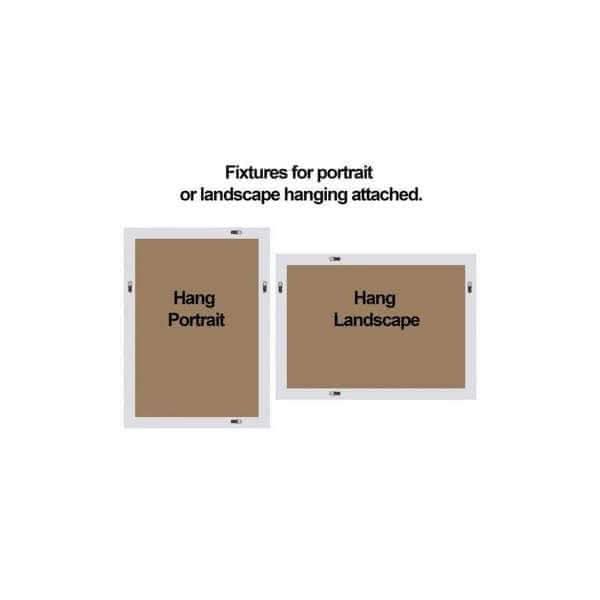 Illustration showing fixtures for portrait and landscape mirror hanging options with "Hang Portrait" and "Hang Landscape" labels.