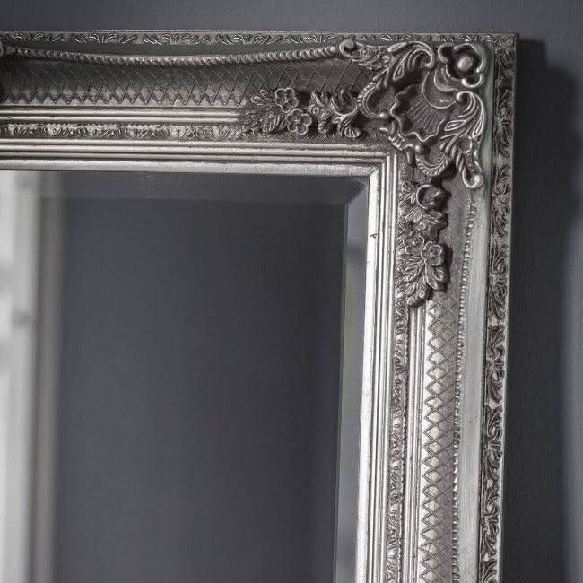 Close-up of Victoria Silver Baroque Leaner Mirror with intricate wood frame detailing, 165cm x 80cm.
