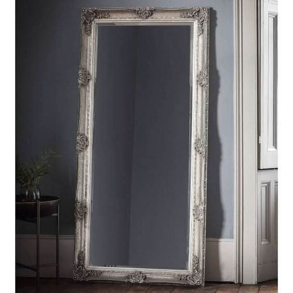 Victoria Silver Baroque leaner mirror with ornate wood frame, 165cm x 80cm, adds elegance and depth to bedroom or bathroom decor.