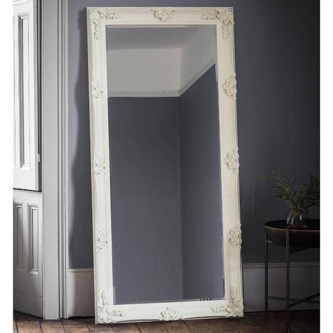 Victoria Cream XL Leaner Mirror 165cm x 80cm Baroque style, wood-framed full-length mirror enhancing room depth and elegance.