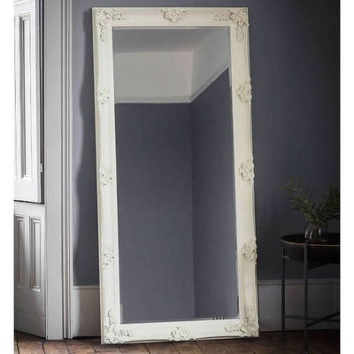 Victoria Cream XL Leaner Mirror 165cm x 80cm Baroque style, wood-framed full-length mirror enhancing room depth and elegance.