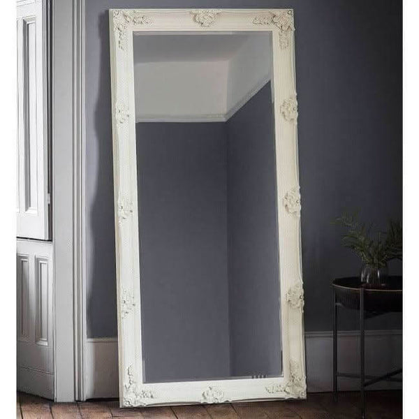 Victoria Cream XL Leaner Mirror 165cm x 80cm Baroque style, wood-framed full-length mirror enhancing room depth and elegance.
