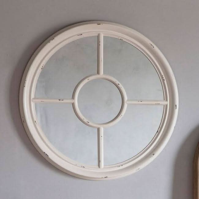Vintage white round mirror with crackle texture, porthole-inspired design, 70cm width, perfect for classic decor.