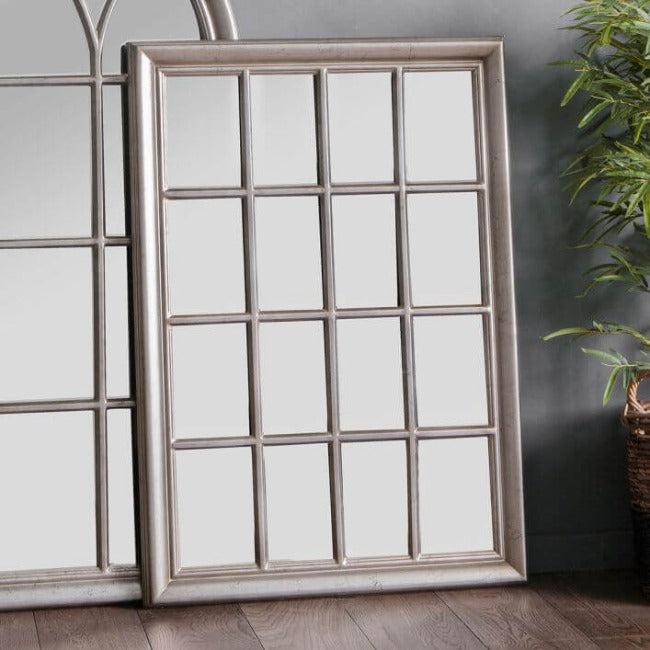 Antique silver window style mirror with decorative frame, ideal for living rooms and halls to add light and depth. Dimensions: 1060x755 mm.