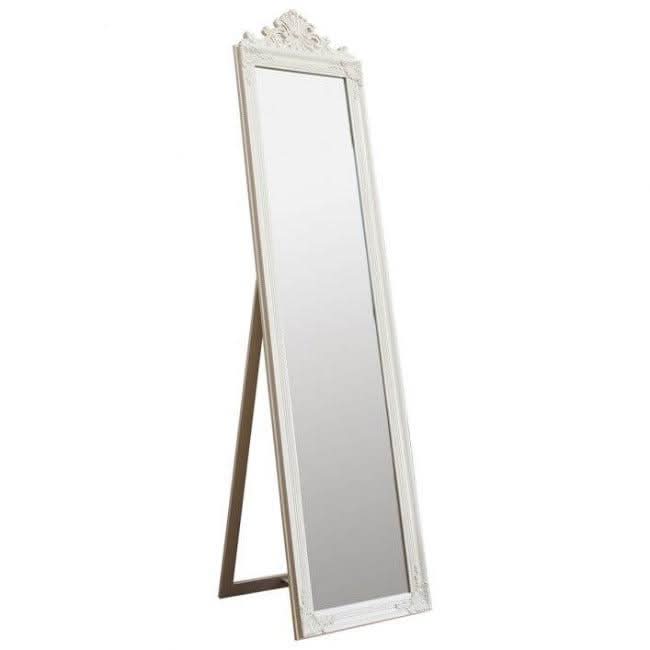 White wooden cheval floor mirror with decorative crest and leaf finish, measuring 1790mm in height, ideal for elegant home decor.